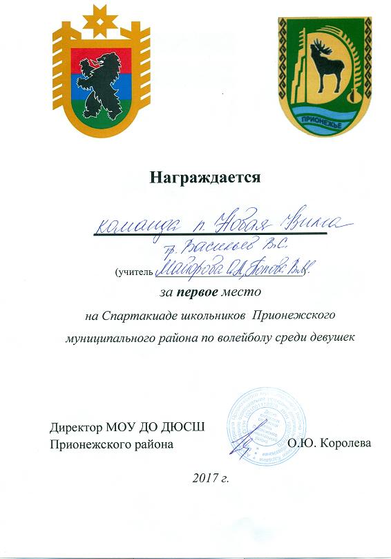 1 место в Спартакиаде школьников Прионежского района по волейболу среди девушек