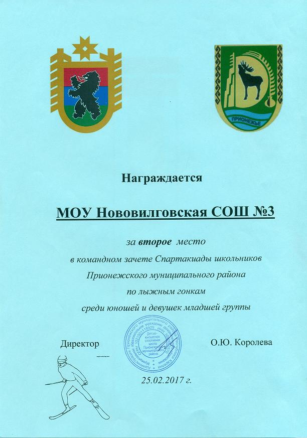 2 место в командном зачёте  по лыжным гонкам среди юношей и девушек младшей группы